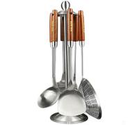 JUNYFFF Juego De Cocina 6 Piezas, Estante para Colgar con 6 Ayudantes, Cucharón, Espumadera, Cuchara para Salsa, Espátula, Tenedor para Carne, Acero Inoxidable Pulido