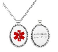 JunyiDIY Collar con colgante ovalado personalizado con símbolo de alerta roja, cadena impermeable de acero inoxidable con grabado personalizado en la parte posterior para uso diario YA5218