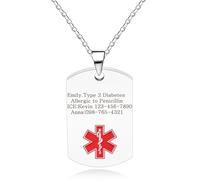 JunyiDIY Collar de identificación médica personalizado, colgante de salud grabado con nombre, contacto y condición, joyería de emergencia de acero inoxidable para pacientes mayores viajeros