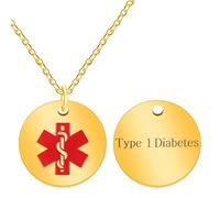 JunyiDIY Collar médico grabado para diabetes tipo 1, collar de alerta médica chapado en oro de respuesta rápida para hombres, resistente al agua con símbolo rojo YA4678
