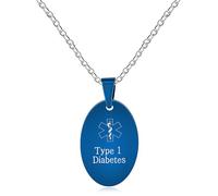 JunyiDIY Collar para Diabetes Tipo 1 para Hombres - Colgante Ovalado Azul de Acero Inoxidable - Joyería con símbolo médico SOS de Emergencia para Esposo y Papá