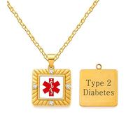 JunyiDIY Collar para diabetes tipo 2 con icono rojo, colgante cuadrado impermeable de acero inoxidable dorado con circonitas, regalo para hija, hijo, hermano o hermana - YA5219