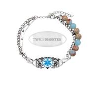 JunyiDIY elegante pulsera alerta médica diabetes tipo 1, placa identificación grabada 6 mm, piedra Shoushan, diseño doble cadena uso diario, hombres mujeres, regalo cumpleaños