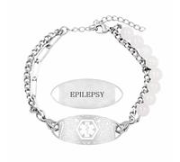 JunyiDIY Epilepsy Medical Alert Bracelet - Double Chain Natural Stone Beaded Stainless Steel Custom Engraved Emergency ID Jewelry Adjustable Y6111