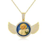 JunyiDIY joyería con alas de ángel doradas del Papa Francisco, abalorio circular grande y brillante para pareja, regalo de graduación y protección religiosa YA5953