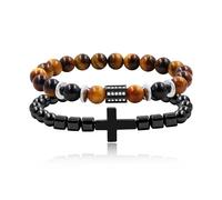 JunyiDIY Juego pulsera ágata negra dije cruz y pulsera ojo tigre hombres, joyería natural protección buena suerte, regalo día padre, Acción Gracias YS5499
