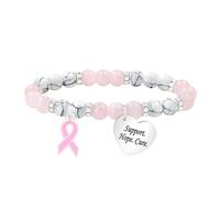 JunyiDIY Pulsera de Cáncer de Mama para mujer - Cuentas de cuarzo rosa y turquesa blanca 8mm, corazón “Support Hope Cure” - Regalo para mamá, esposa.