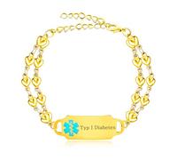 JunyiDIY Pulsera De Identificación Médica Chapada En Oro Para Mujeres, Diabetes Tipo 1, Joyería De Alerta Médica En Forma De Corazón, Doble Cadena, Antióxido Y Ajustable YA5200