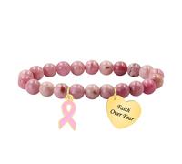 JunyiDIY Pulsera “Faith Over Fear” - Lazo Rosa con piedra de vetas rojas - Regalo motivador para luchadoras y supervivientes
