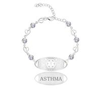 JunyiDIY Pulsera médica asma con cadena corazón & circonio blanco, ajustable, joya de emergencia para mujeres & cumpleaños