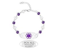 JunyiDIY Pulsera médica circonio violeta alergia penicilina, cadena corazón, hipoalergénica, alerta de emergencia para bodas