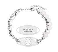 JunyiDIY Pulsera Médica de Piedra Blanca y Perlas para Alergia a Penicilina - Pulsera de Alarma de Emergencia Personalizada con Doble Cadena de Acero Inoxidable Ajustable para Mujeres Y6111
