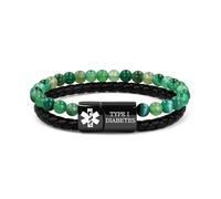 JunyiDIY Pulsera médica DIABETES TIPO 1 para esposo, doble cadena con ágata verde y cuero PU, alerta crítica para situaciones urgentes