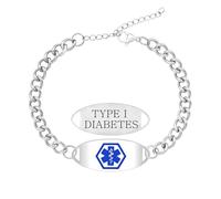 JunyiDIY Pulsera Médica Diabetes Tipo 1 Para Hombre, Pulsera ID T1D De Acero Inoxidable Grabada, Impermeable E Hipoalergénica, Símbolo Azul