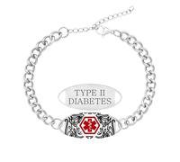 JunyiDIY Pulsera Médica Diabetes Tipo 2 Para Mujer, Pulsera ID T2D De Acero Inoxidable Grabada Con Símbolo Rojo
