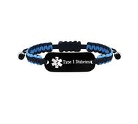 JunyiDIY Pulsera Médica Impermeable T1D, Cuerda Azul y Negra con Grabado Láser - Identificación de Diabetes Tipo 1 para Hijos, Padres, Emergencias Médicas YS5833