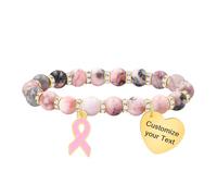 JunyiDIY Pulsera personalizada de Lazo Rosa - Piedra cebra - Regalo de coraje, fuerza y recuerdo para esposa luchadora.