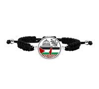 JunyiDIY Pulsera Redonda de Acero Inoxidable Blanco con Bandera Palestina y Rama de Olivo, Símbolo Mezquita Al-Aqsa Cordón Negro, Regalo Religioso de Libertad & Igualdad para Papá Mamá Hijo