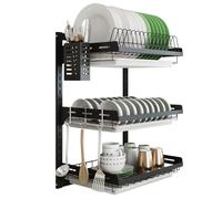 junyuan, Escurridor de Platos Colgante de Pared, Organizador de Platos de Cocina de 3 Niveles con Bandeja de Drenaje con 3 Ganchos, Acero Inoxidable, Altura Ajustable, Negro