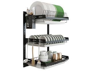 junyuan, Escurridor de Platos Colgante de Pared, Organizador de Platos de Cocina de 3 Niveles con Bandeja de Drenaje con 3 Ganchos, Acero Inoxidable, Altura Ajustable, Negro