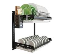 junyuan Estante para Platos de Cocina, Estante Organizador de Platos para Colgar sobre el Fregadero, Soporte de Pared de 2 Niveles con Bandeja de Drenaje, Revestimiento Negro de Acero Inoxidable (2