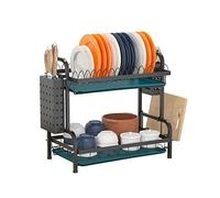 Junyuan Estante y Soporte Organizador para Platos para Colgar en la Pared sobre el Fregadero, 2 Niveles, Bandeja de Drenaje y Cubiertos, Acero Inoxidable, Revestimiento Negro, Altura Ajustable