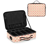 junzan Bolsa organizadora de maquillaje grande a cuadros rosa melocotón, estuche de viaje para maquillaje, estuche plano para artistas con separadores y correa ajustable, Vichy rosa melocotón, 14.6 x
