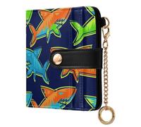 JUNZAN Carteras pequeñas para mujer, diseño de tiburones azules marinos, delgada, con llavero, tarjetero plegable con cremallera, bolsillo para monedas, bloqueo RFID