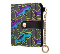 JUNZAN Carteras pequeñas para mujer, diseño de tiburones de colores, delgada, con llavero, tarjetero plegable con cremallera, bolsillo para monedas, bloqueo RFID