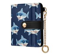 JUNZAN Carteras pequeñas para mujer, diseño de tiburones divertidos, color azul marino, delgada, con tarjetero, con cremallera, bolsillo para monedas, bloqueo RFID