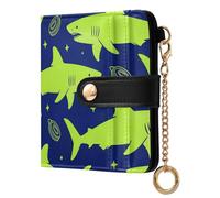 JUNZAN Carteras pequeñas para mujer, diseño de tiburones, doradas, azul marino, delgada, con llavero, tarjetero plegable con cremallera, bolsillo para monedas, bloqueo RFID