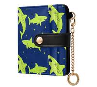 JUNZAN Carteras pequeñas para mujer, diseño de tiburones, doradas, azul marino, delgado, para mujer, con llavero, tarjetero plegable con cremallera, bolsillo para monedas, bloqueo RFID