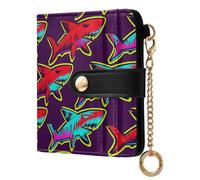 JUNZAN Carteras pequeñas para mujer, tiburones de colores, azul marino, delgada, llavero, cartera, tarjetero, con cremallera, bolsillo para monedas, bloqueo RFID