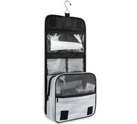junzan Neceser colgante azul y gris para mujeres y hombres, bolsa de cosméticos de viaje con gancho, organizador de maquillaje familiar, Azul y gris trazos-3, 18.5"(Unfold) x 9" W x 4" H, Colorido