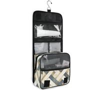 junzan Neceser colgante de rayas grises y marfil para mujeres y hombres, bolsa de cosméticos de viaje con gancho, organizador de maquillaje familiar, Gris marfil rayado, 18.5"(Unfold) x 9" W x 4" H