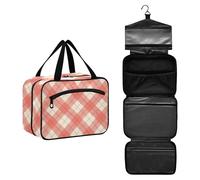 JUNZAN Neceser colgante de viaje a cuadros para mujer, con gancho, organizador de maquillaje, color rosa coral, rosado coral (Gingham Coral Pink), 10.8" x 8" x 5.5", Colorido