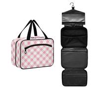 JUNZAN Neceser colgante de viaje rosa rubor para mujer, neceser con gancho, organizador de maquillaje a cuadros, rosado (Blush Pink_3), 12.6" x 9" x 5.7", Colorido