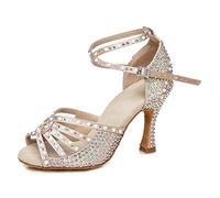 JUODVMP Zapatos de Baile Latino para Mujer Rhinestones Desnudo Estándar Salsa de Salón Tango Moderno Profesional 7.5cm Tacón,39EU