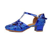 JUODVMP Zapatos Lentejuelas de Baile Latino de Cuero con Punta Cerrada y Correa en T para Niña Salsa Latina Tango Zapatos de Baile Modernos Tacon,Modelo ES-WX-TX53-3-3.5cm-S,Azul,34 EU