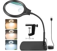 JUOIFIP Lupa con luz 10X 20X, lámpara de aumento 2 en 1, 3 modos de color, cuello de cisne flexible con soporte y abrazadera, lupa manos libres para pasatiempos, manualidades, lectura LED, lectura
