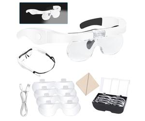 JUOIFIP Lupa de Diadema con luz,Cabezal Recargable para Trabajos detallados,Lentes acrílicos Intercambiables de 1,5 aumentos,2,5 aumentos,3,5 aumentos,5 Compartimentos para Lupa de joyería,proyectos