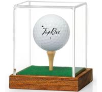 JupDec Expositor de pelotas de golf de acrílico transparente con base de madera y T, caja de almacenamiento transparente con protección contra el polvo para colecciones de bolas de golf, marrón, 1