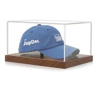 JupDec Vitrina de sombrero, soporte de acrílico transparente firmado para gorra de béisbol, protección UV, vitrina transparente con base de madera maciza elevadores y moldeador de sombreros, regalo
