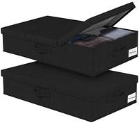 JUPELI 2 cajas de almacenamiento plegables para debajo de la cama, color negro, 15 cm de alto, para debajo de la cama, cómodas, estables, con tapa y asa, para mantas, ropa, edredones, juguetes