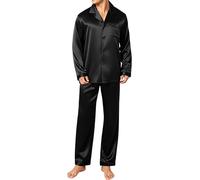 JupiterSecret Conjunto de pijama de satén sedoso para hombre, manga larga, con botones, lujoso, pijama de dos piezas con pantalones largos, Negro puro, Small