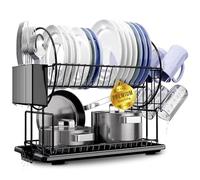 JUPPLIES Escurreplatos de 2 Niveles 42x23,5x36 cm - Escurridor de Platos Acero Inoxidable con Soporte para Cubiertos y Vasos - Escurre Platos con Drenaje Automático (Negro)