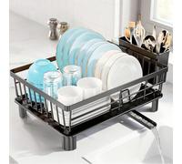 JUPPLIES Escurreplatos Inoxidable 38 × 29 × 15 cm - Drenaje Automático 360°, Soporte Extraíble para Cubiertos y Portavasos - Encimera Seca y Ordenada, Negro