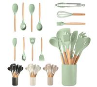 JUPPLIES Juego de Utensilios de Cocina de Silicona 12 Piezas con Mangos de Madera y Soporte Organizador - Set Antiadherente Resistente al Calor - Apto para Todas Las Ollas y Sartenes - Verde