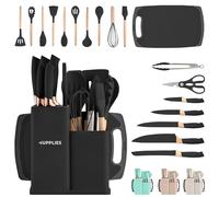 JUPPLIES Juego de Utensilios de Cocina de Silicona 19 Piezas con Cuchillos, Tijeras y Tabla de Cortar - Set Antiadherente Resistente al Calor - Apto para Todas Las Ollas y Sartenes - Negro
