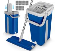 JUPPLIES Mopa Fregona con Cubo Escurridor Doble Compartimento 7,5 L - Sistema 360° con Mango Telescópico y Recambios de Microfibra para Suelos, Paredes y Azulejos (Azul, 15 Recambios)